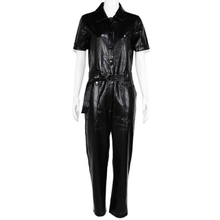 Women's Black PU Leather Button Front Short Sleeve Lapel Jumpsuit