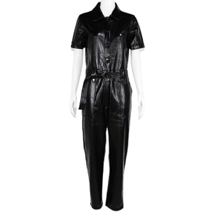 Women's Black PU Leather Button Front Short Sleeve Lapel Jumpsuit