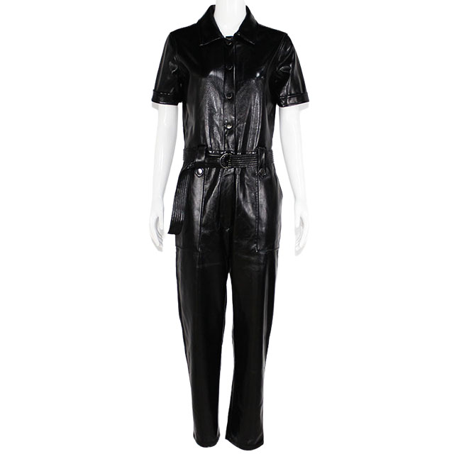 Women's Black PU Leather Button Front Short Sleeve Lapel Jumpsuit