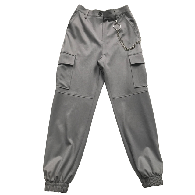 Grey color high rise pants with metal chain