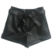 Womens black PU leather high waisted paper bag shorts 