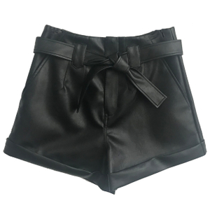 Womens black PU leather high waisted paper bag shorts 
