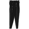 Woman buckle belt spandex stretch straight tapered pants with pocket