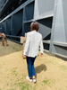 Fashion White Stripe and Denim Two Color Long Sleeve Jacket Balzer Suit Women′s