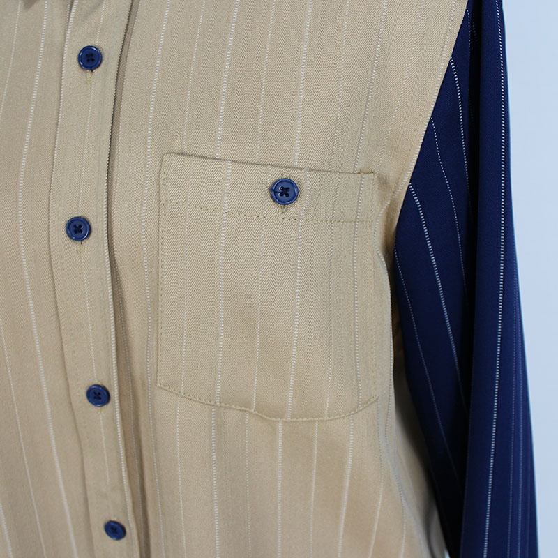 Women's Contrast Color Patchwork Blouse Poly Strip Fabric Long Sleeve Button Shirt