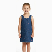 Girls Sleeveless Round Neck Embroidered Straight Denim Dress