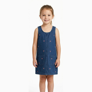 Girls Sleeveless Round Neck Embroidered Straight Denim Dress