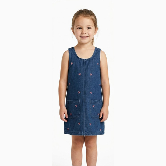Girls Sleeveless Round Neck Embroidered Straight Denim Dress