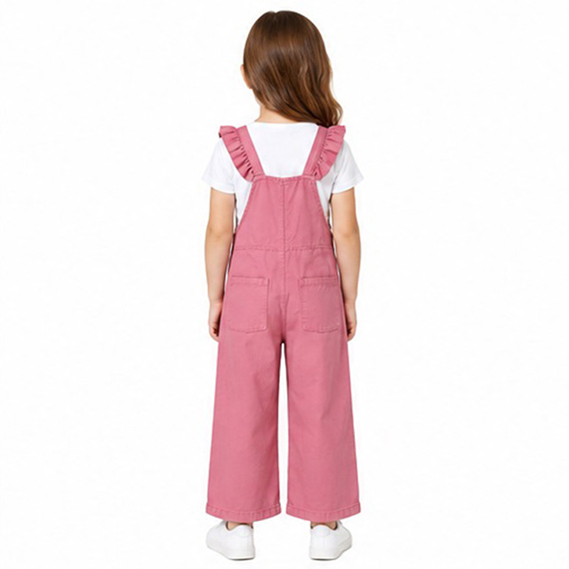 Girls Pink Cotton Ruffle Strap Wide Leg Casual Overalls