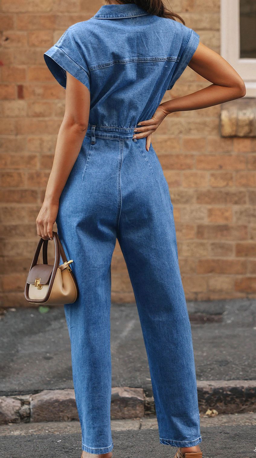 Ladies Overalls Short Sleeve Button Up High Waist Street Long Denim Jumpsuit