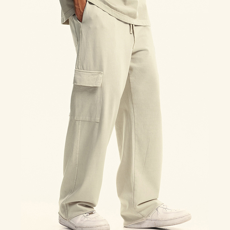 Men's Knit 5 Pockets Elastic Waist Loose Baggy Cotton Cargo Pants with Drawstring