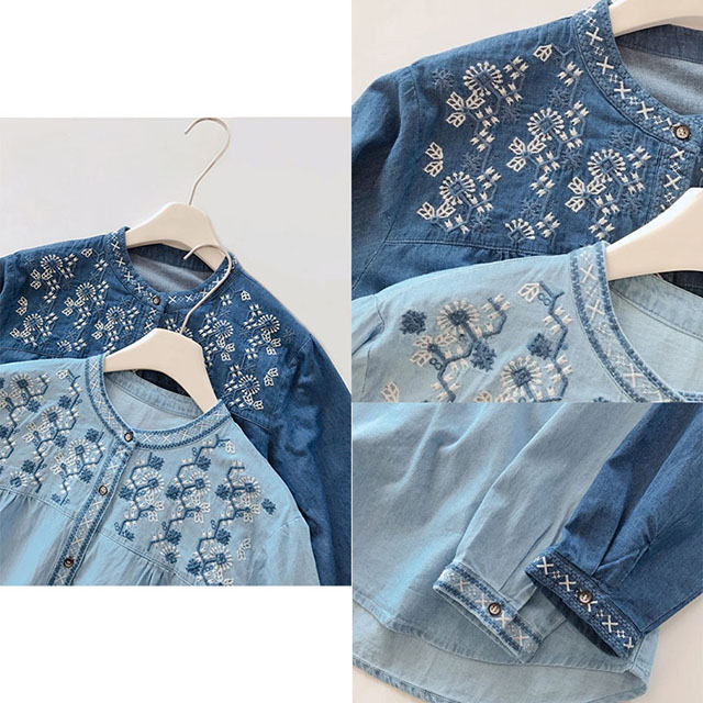 Women Spring Loose Fit Embroidery Cotton Denim Long Sleeve Shirt