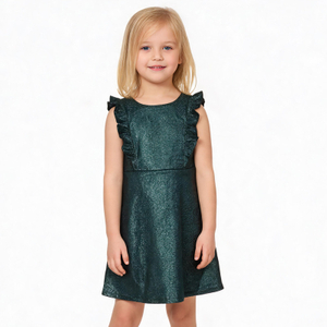 Girls Round Neck Metallic Shinning Ruffle Sleeveless A-Line Party Dress