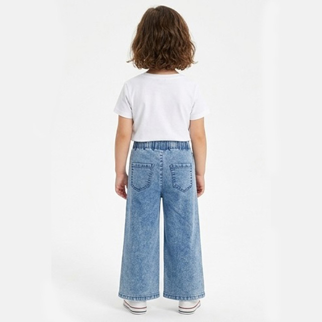 Girls Wash Blue Straight Wide Leg Elastic Waist Denim Jeans