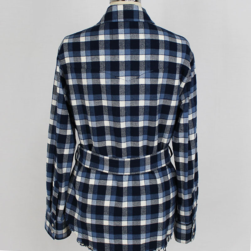 Women's Fashion Button Flannel Long Sleeve Fringed Plaid Shirt with Belt