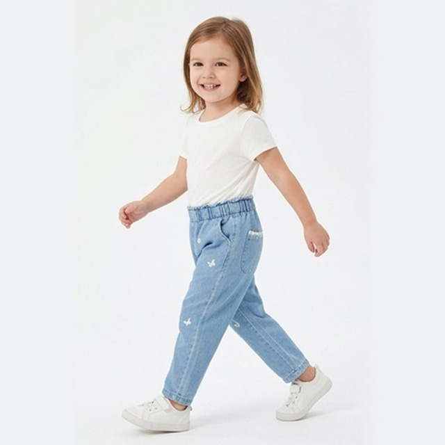Girls Embroidery Elastic Waist Lightweight Breathable Cotton Denim Jeans