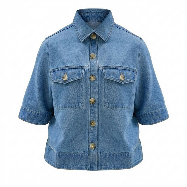 Women's Short Sleeve Button Front Cropped Cocoon Jean Shacket