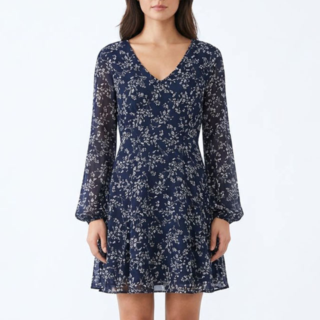 Women's Custom Chiffon V-Neck Long Sleeve Fashion Floral Dress