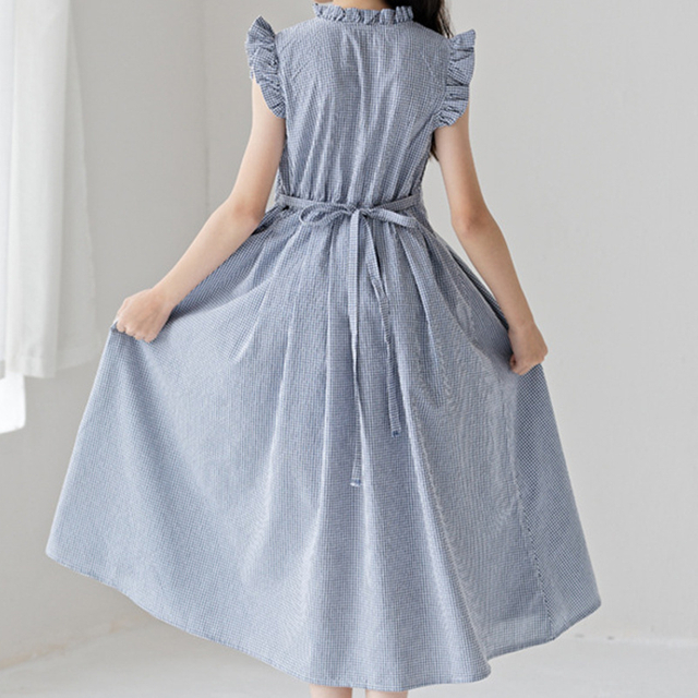 Girls Summer Plaid Ruffle Sleeveless Sweet Princess Kids Pleated Dress