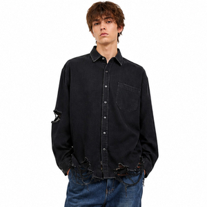 Men's Fashion Cotton Washed Denim Ripped Long Sleeve Shirt