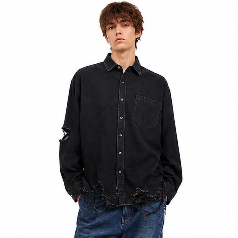 Men's Fashion Cotton Washed Denim Ripped Long Sleeve Shirt