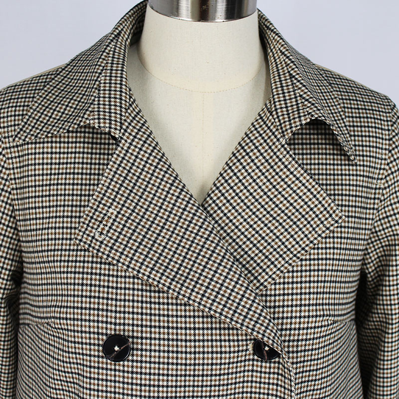 Women's Houndstooth Patchwork Double-Breasted A-Line Loose Fit Trench Coat