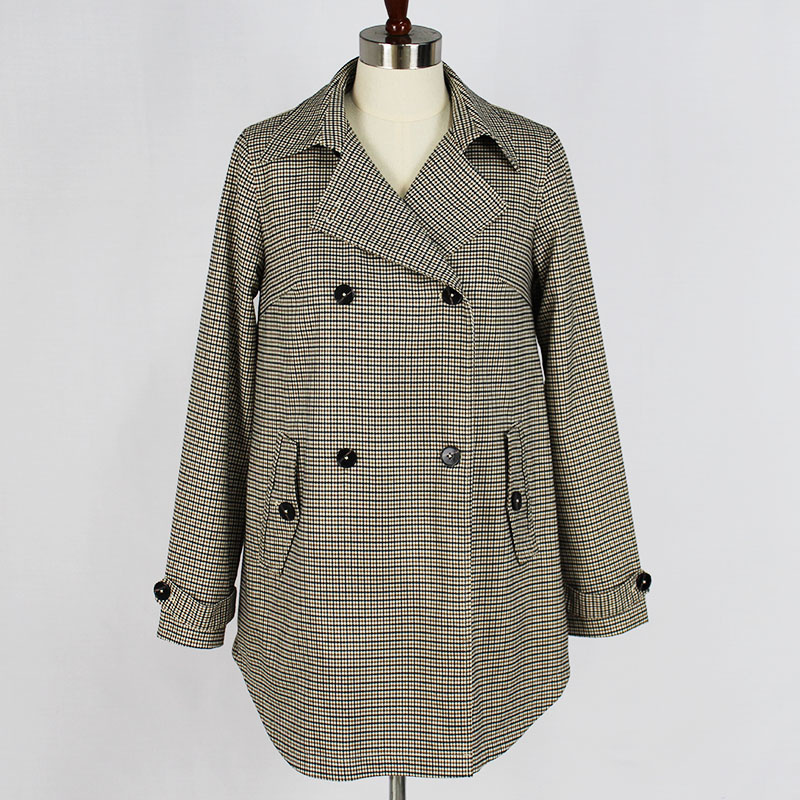 Women's Houndstooth Patchwork Double-Breasted A-Line Loose Fit Trench Coat