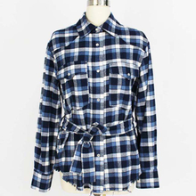 Women's Flannel Long Sleeve Fringed Plaid Shirt with Belt
