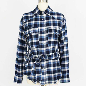 Women's Flannel Long Sleeve Fringed Plaid Shirt with Belt