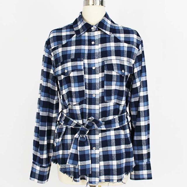 Women's Flannel Long Sleeve Fringed Plaid Shirt with Belt