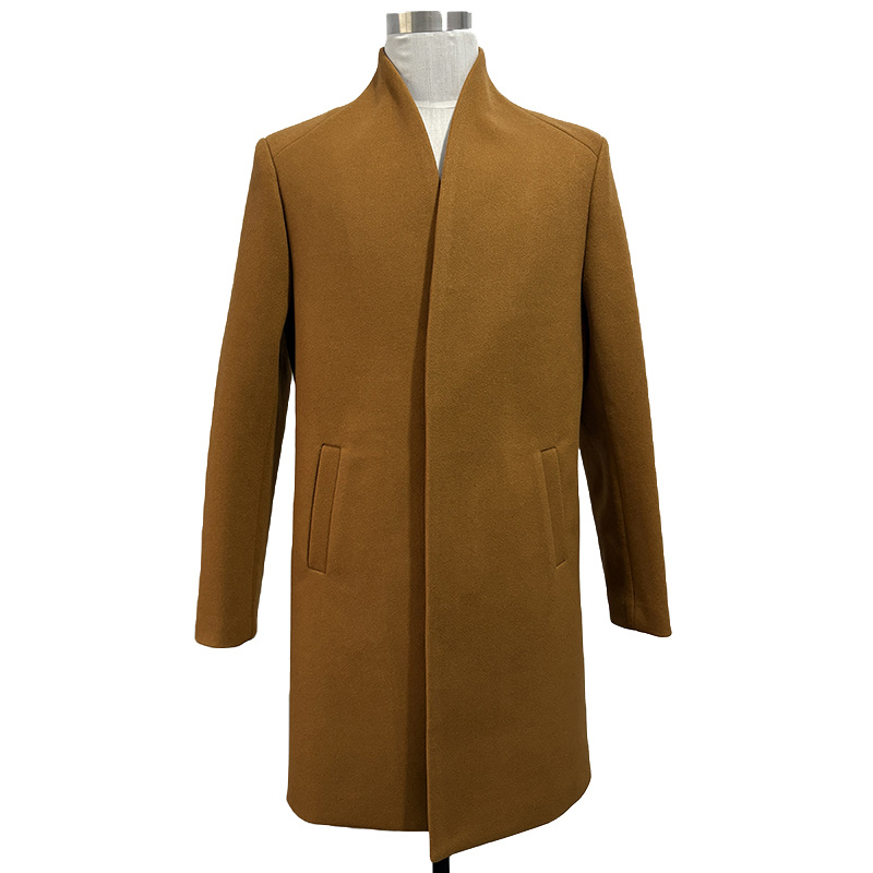 Men's Vintage Winter Overcoat Poly Knit Single-Breasted Funnel Neck Lined Long Trench Coat