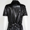 Women's Black PU Leather Button Front Short Sleeve Lapel Jumpsuit