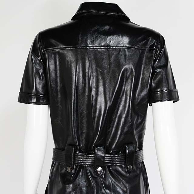 Women's Black PU Leather Button Front Short Sleeve Lapel Jumpsuit