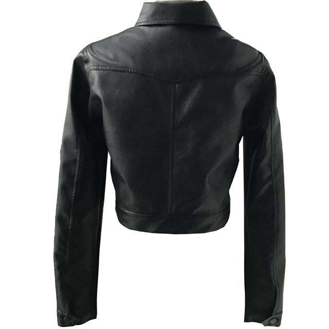 Polyester Black PU Coating Fur Biker Jacket Coat with Shank Buttons for Ladies