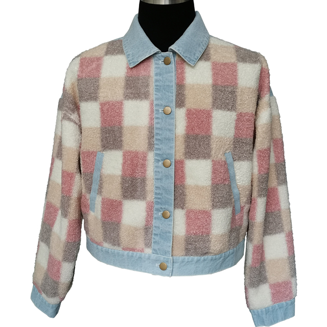 Fashion new style jacket spring wear long sleeve blue denim contrast faux fur plaid coat in pink