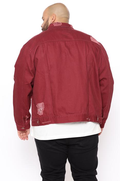 plus size cotton twill burgundy distressed trucker jacket