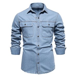 Men's Custom Spring/Autumn Washed Cotton Double Flap Pocket Long Sleeve Denim Shirt