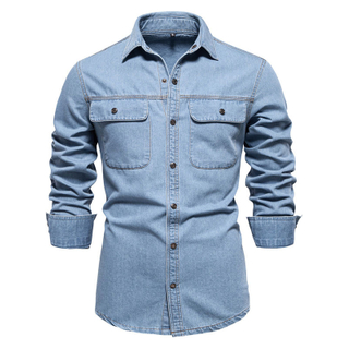 Men's Custom Spring/Autumn Washed Cotton Double Flap Pocket Long Sleeve Denim Shirt