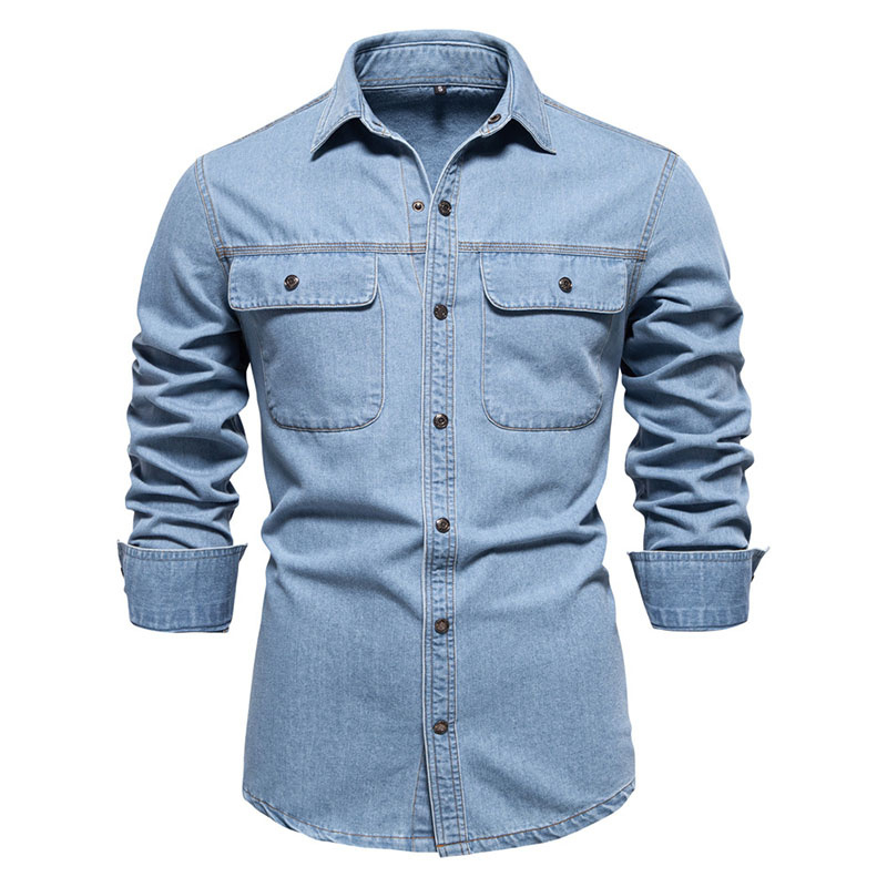 Men's Custom Spring/Autumn Washed Cotton Double Flap Pocket Long Sleeve Denim Shirt