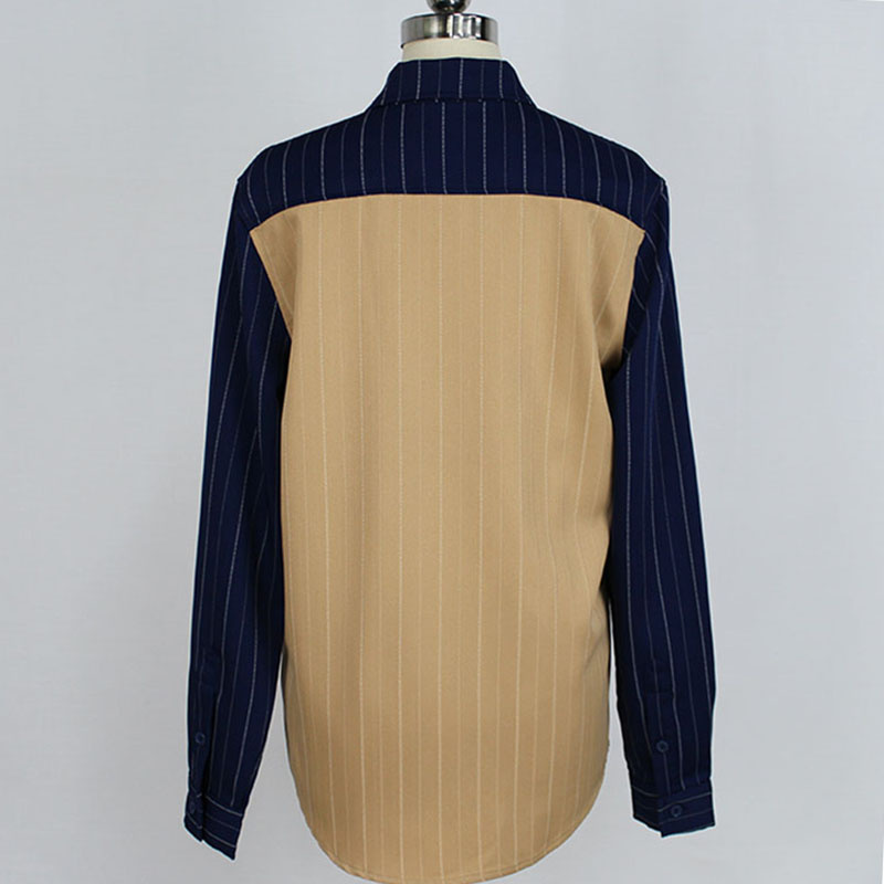Women's Contrast Color Patchwork Blouse Poly Strip Fabric Long Sleeve Button Shirt