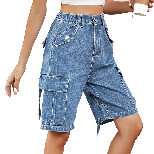 Women's Cotton Denim Washed Summer Casual Cargo Bermuda Shorts