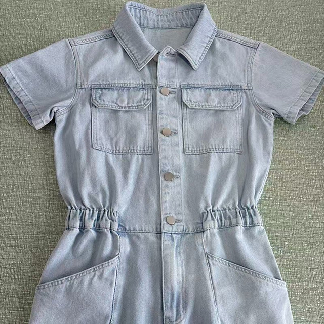 Women Summer Short Sleeve Cotton Denim Street Style Jumpsuit