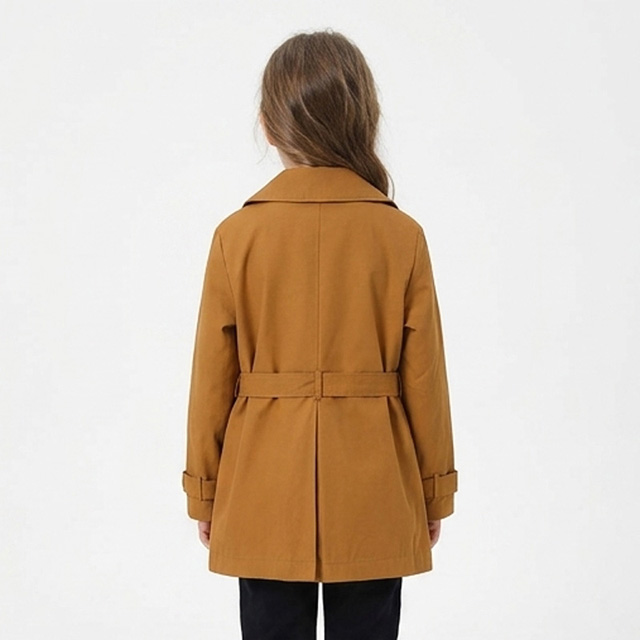 Girls Double-Breasted Cotton Windbreaker Trench Coat with Waistband