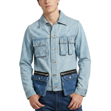 Men's Contrast Color Washed Denim Multi-Pocket Cargo Work Jacket