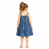 Girls Summer Floral Embroidery Square Neck Tiered Denim Sundress