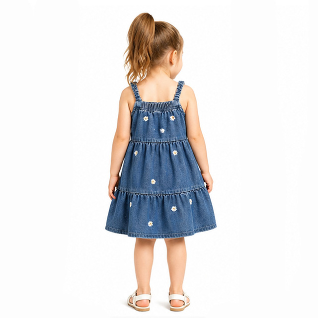 Girls Summer Floral Embroidery Square Neck Tiered Denim Sundress