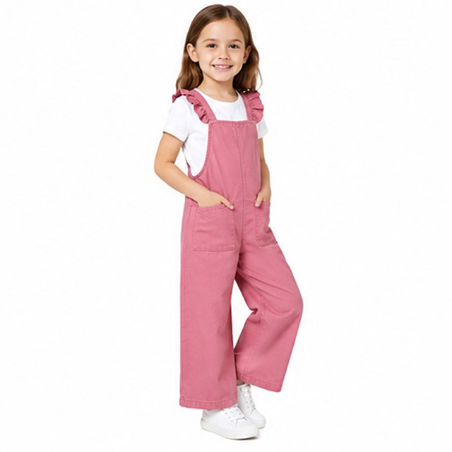 Girls Pink Cotton Ruffle Strap Wide Leg Casual Overalls
