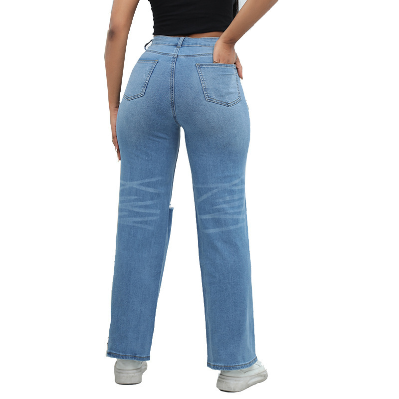 Wholesale Women Fashion Monkey Washed Destroyed Denim Pants Ripped Straight Jeans