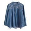 Women Spring Loose Fit Embroidery Cotton Denim Long Sleeve Shirt