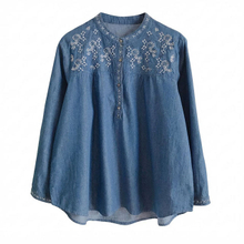 Women Spring Loose Fit Embroidery Cotton Denim Long Sleeve Shirt